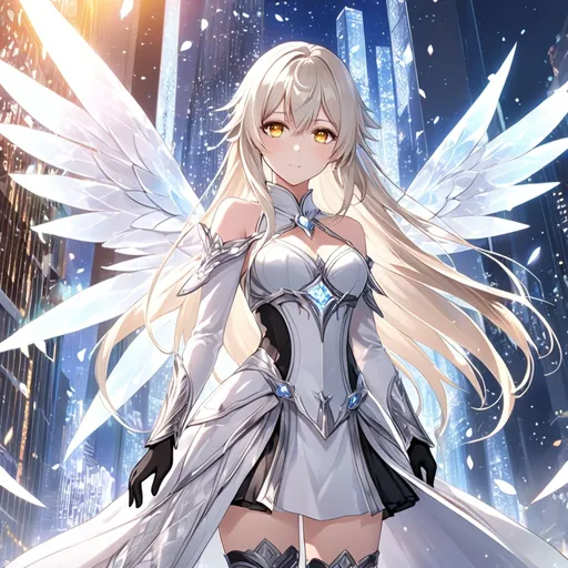 Prompt: anime, girl, detailed, very detailed, a woman in a white clothes, black skirt with a sword on a city street with skyscrapers in the background, official art, anime, girl, detailed, very detailed, crystal yellow eyes, very long blonde hair, 8k, detailed eyes, Anime illustration of a tall woman, gold light fairy wings, black thigh-highs, bright pupils, space, starfalls , high quality, thin body, anime art, detailed eyes, professional, atmospheric lighting, normal hands, five fingers, aura, adult woman, cold face, sharp eyes, 1girl, glowing eyes, Lumine from genshin impact, dress, textured corset with gold accessories, wearing long black gloves, bare shoulders, pyrokinesis, flame, white long arms shirt with black gloves