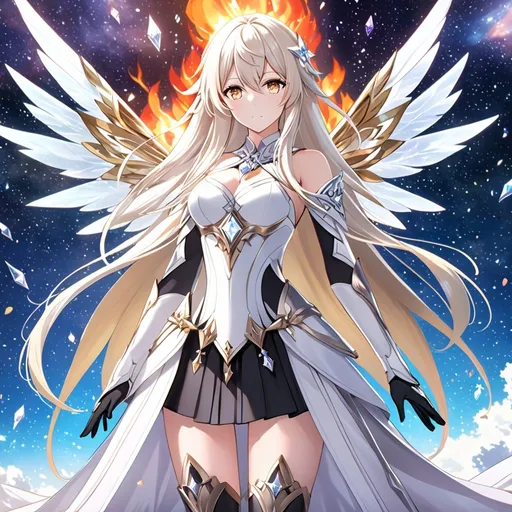 Prompt: anime, girl, detailed, very detailed, a woman in a white clothes, black skirt, stars and galactic in the background, official art, anime, girl, detailed, very detailed, crystal yellow eyes, very long blonde hair, 8k, detailed eyes, Anime illustration of a tall woman,  flame fairy wings, black thigh-highs, bright pupils, space, starfalls , high quality, thin body, anime art, detailed eyes, professional, atmospheric lighting, normal hands, five fingers, aura, adult woman, cold face, sharp eyes, 1girl, glowing eyes, Lumine from genshin impact, dress, textured corset with gold accessories, wearing long black gloves, bare shoulders, pyrokinesis, flame, white long arms shirt with black gloves, a white armor futuristic suit