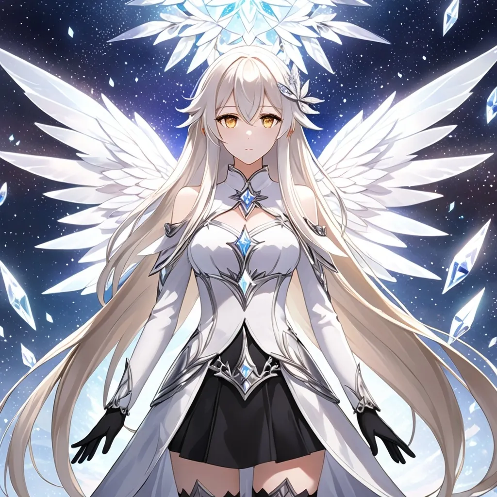 Prompt: anime, girl, detailed, very detailed, a woman in a white clothes, black skirt, stars and galactic in the background, official art, anime, girl, detailed, very detailed, crystal yellow eyes, very long blonde hair, 8k, detailed eyes, Anime illustration of a tall woman, gold light fairy wings, black thigh-highs, bright pupils, space, starfalls , high quality, thin body, anime art, detailed eyes, professional, atmospheric lighting, normal hands, five fingers, aura, adult woman, cold face, sharp eyes, 1girl, glowing eyes, Lumine from genshin impact, dress, textured corset with gold accessories, wearing long black gloves, bare shoulders, pyrokinesis, flame, white long arms shirt with black gloves