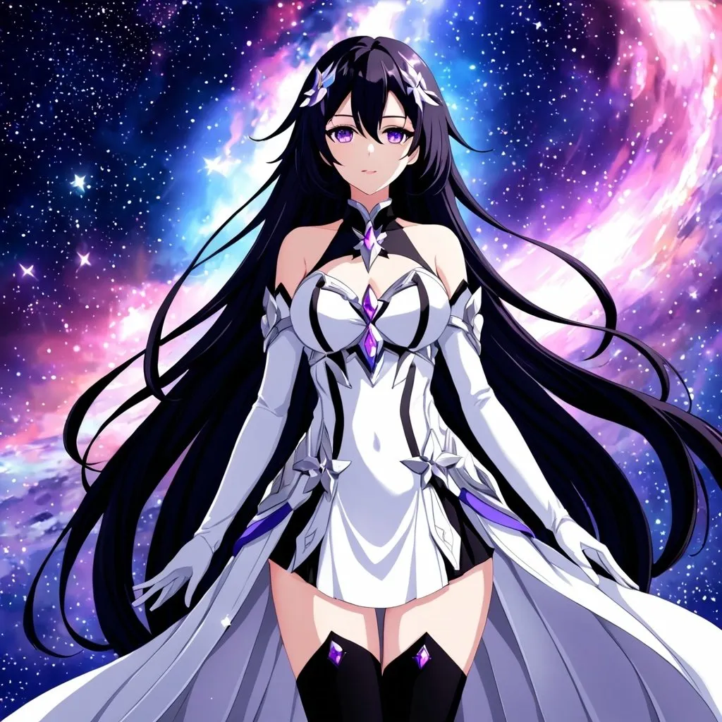 Prompt: Anime illustration of a tall woman with very long black hair, purple eyes, wearing a white dress, hands behind back, black thigh-highs, and gloves, bright pupils, space, stars , high quality, thin body, anime art, detailed eyes, professional, atmospheric lighting, normal hands, five fingers, goddess, aura, adult woman, herrscher from honkai impact's outfit