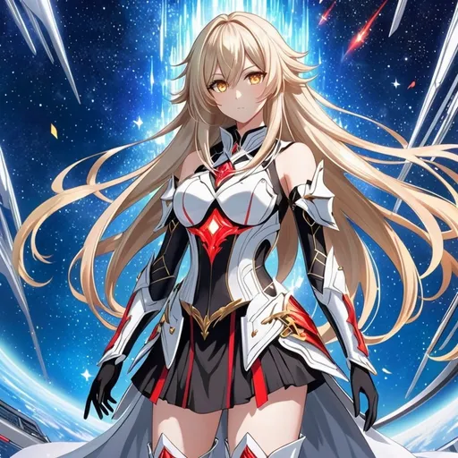 Prompt: anime, girl, detailed, very detailed, a woman in a white clothes, black skirt, stars and galactic in the background, official art, anime, girl, detailed, very detailed, crystal yellow eyes, very long blonde hair, 8k, detailed eyes, Anime illustration of a tall woman, black thigh-highs, bright pupils, space, starfalls , high quality, thin body, anime art, detailed eyes, professional, atmospheric lighting, normal hands, five fingers, aura, adult woman, cold face, sharp eyes, 1girl, glowing eyes, Lumine from genshin impact, dress, textured corset with gold accessories, wearing long black gloves, pyrokinesis, flame, white long arms shirt with black gloves, a white armor futuristic suit with bare shoulders, Very long blonde hair