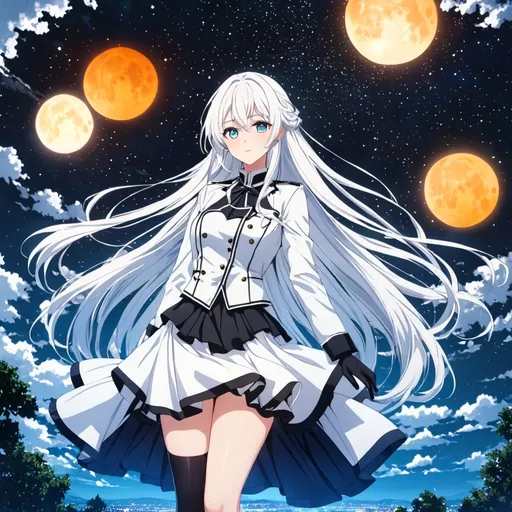 Prompt: 1girl, an anime girl with long white hair, anime art, an anime drawing, dull eyes, aqua eyes, tall woman, high quality, thin body, hands behind back, black thighhighs, bright pupils, white clothes, nightfall, black gloves, white jacket, black skirt