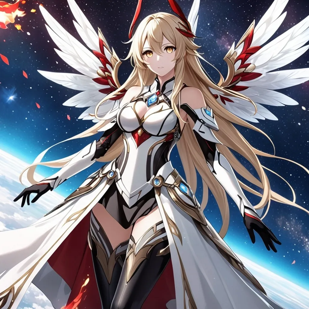 Prompt: anime, girl, detailed, very detailed, a woman in a white clothes, black skirt, stars and galactic in the background, official art, anime, girl, detailed, very detailed, crystal yellow eyes, very long blonde hair, 8k, detailed eyes, Anime illustration of a tall woman,  flame fairy wings, black thigh-highs, bright pupils, space, starfalls , high quality, thin body, anime art, detailed eyes, professional, atmospheric lighting, normal hands, five fingers, aura, adult woman, cold face, sharp eyes, 1girl, glowing eyes, Lumine from genshin impact, dress, textured corset with gold accessories, wearing long black gloves, bare shoulders, pyrokinesis, flame, white long arms shirt with black gloves, a white armor futuristic suit, Very long blonde hair, cape