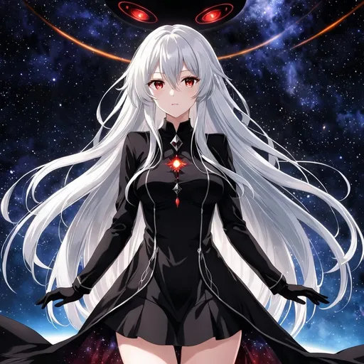 Prompt: Anime illustration of a tall woman with very long white hair, red eyes, wearing a black dress, hands behind back, black thigh-highs, and black gloves, bright pupils, space, stars , high quality, thin body, anime art, detailed eyes, professional, atmospheric lighting, normal hands, five fingers, demon lord, aura, adult woman, demon eyes