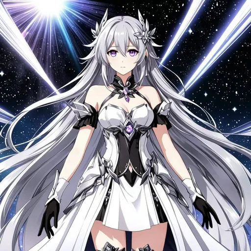 Prompt: Crystal purple eyes, very black silver hair, galactic background, 8k, he, detailed eyes, glove holding, textured dress, textured corset with silver accessories, Anime illustration of a tall woman wearing a white dress, hands behind back, black thigh-highs and black gloves, bright pupils, space, starfalls , high quality, thin body, anime art, detailed eyes, professional, atmospheric lighting, normal hands, five fingers, aura, adult woman, cold face, herrscher from honkai impact's outfit, sharp eyes, 1girl, glowing eyes, sun, a god that had the power to override and rewrite every rule as desired.