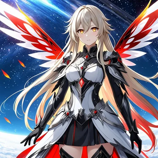 Prompt: anime, girl, detailed, very detailed, a woman in a white clothes, black short skirt, stars and galactic in the background, official art, anime, girl, detailed, very detailed, crystal yellow eyes, very long blonde hair, 8k, detailed eyes, Anime illustration of a tall woman,  flame fairy wings, black thigh-highs, bright pupils, space, starfalls , high quality, thin body, anime art, detailed eyes, professional, atmospheric lighting, normal hands, five fingers, aura, adult woman, cold face, sharp eyes, 1girl, glowing eyes, Lumine from genshin impact, dress, textured corset with gold accessories, wearing long black gloves, bare shoulders, pyrokinesis, flame, white long arms shirt with black gloves, a white armor futuristic suit