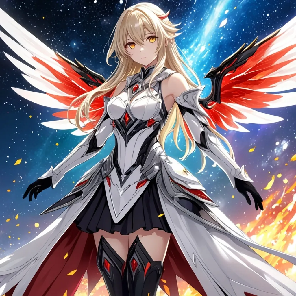 Prompt: anime, girl, detailed, very detailed, a woman in a white clothes, black skirt, stars and galactic in the background, official art, anime, girl, detailed, very detailed, crystal yellow eyes, very long blonde hair, 8k, detailed eyes, Anime illustration of a tall woman,  flame fairy wings, black thigh-highs, bright pupils, space, starfalls , high quality, thin body, anime art, detailed eyes, professional, atmospheric lighting, normal hands, five fingers, aura, adult woman, cold face, sharp eyes, 1girl, glowing eyes, Lumine from genshin impact, dress, textured corset with gold accessories, wearing long black gloves, bare shoulders, pyrokinesis, flame, white long arms shirt with black gloves, a white armor futuristic suit, Very long blonde hair