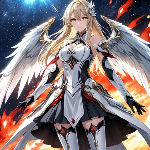 Prompt: anime, girl, detailed, very detailed, a woman in a white clothes, black skirt, stars and galactic in the background, official art, anime, girl, detailed, very detailed, crystal yellow eyes, very long blonde hair, 8k, detailed eyes, Anime illustration of a tall woman,  flame wings, black thigh-highs, bright pupils, space, starfalls , high quality, thin body, anime art, detailed eyes, professional, atmospheric lighting, normal hands, five fingers, aura, adult woman, cold face, sharp eyes, 1girl, glowing eyes, Lumine from genshin impact, dress, textured corset with gold accessories, wearing long black gloves, bare shoulders, pyrokinesis, flame, white long arms shirt with black gloves, a white armor futuristic suit