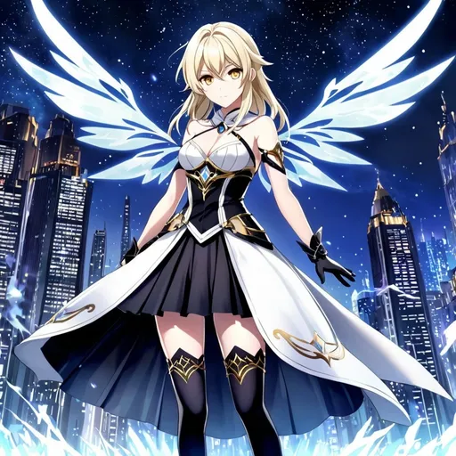 Prompt: anime, girl, detailed, very detailed, a woman in a black clothes, black skirt with a sword on a city street with skyscrapers in the background, official art, anime, girl, detailed, very detailed, crystal yellow eyes, very long blonde hair, 8k, detailed eyes, Anime illustration of a tall woman, gold light fairy wings, black thigh-highs, bright pupils, space, starfalls , high quality, thin body, anime art, detailed eyes, professional, atmospheric lighting, normal hands, five fingers, aura, adult woman, cold face, sharp eyes, 1girl, glowing eyes, Lumine from genshin impact, dress, textured corset with gold accessories, wearing long black gloves, bare shoulders, pyrokinesis, flame