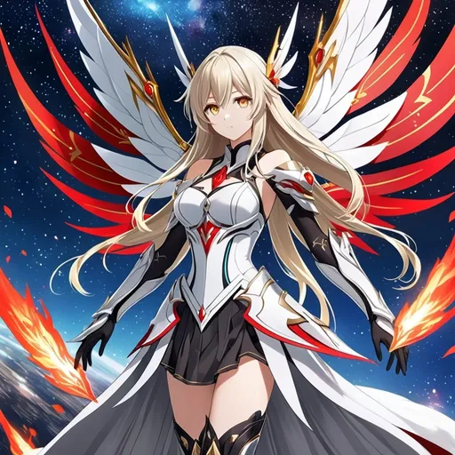 Prompt: anime, girl, detailed, very detailed, a woman in a white clothes, black short skirt, stars and galactic in the background, official art, anime, girl, detailed, very detailed, crystal yellow eyes, very long blonde hair, 8k, detailed eyes, Anime illustration of a tall woman,  flame fairy wings, black thigh-highs, bright pupils, space, starfalls , high quality, thin body, anime art, detailed eyes, professional, atmospheric lighting, normal hands, five fingers, aura, adult woman, cold face, sharp eyes, 1girl, glowing eyes, Lumine from genshin impact, dress, textured corset with gold accessories, wearing long black gloves, bare shoulders, pyrokinesis, flame, white long arms shirt with black gloves, a white armor futuristic suit