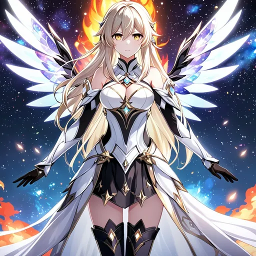 Prompt: anime, girl, detailed, very detailed, a woman in a white clothes, black skirt, stars and galactic in the background, official art, anime, girl, detailed, very detailed, crystal yellow eyes, very long blonde hair, 8k, detailed eyes, Anime illustration of a tall woman,  flame fairy wings, black thigh-highs, bright pupils, space, starfalls , high quality, thin body, anime art, detailed eyes, professional, atmospheric lighting, normal hands, five fingers, aura, adult woman, cold face, sharp eyes, 1girl, glowing eyes, Lumine from genshin impact, dress, textured corset with gold accessories, wearing long black gloves, bare shoulders, pyrokinesis, flame, white long arms shirt with black gloves, a white armor futuristic suit