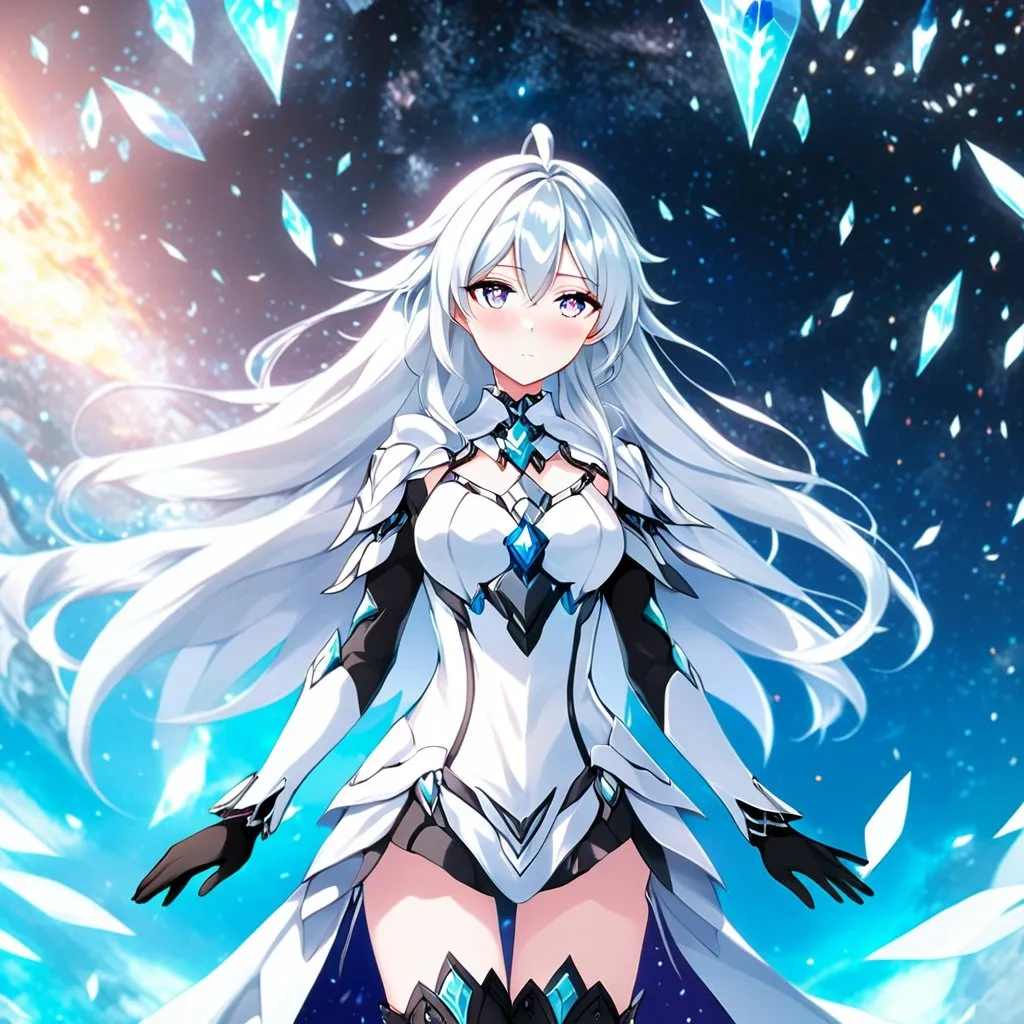 Prompt: Anime illustration of a tall woman with very long white hair, purple eyes, wearing a white dress, hands behind back, black thigh-highs, and gloves, bright pupils, space, stars , high quality, thin body, anime art, detailed eyes, professional, atmospheric lighting, normal hands, five fingers, goddess, halo, adult woman, herrscher from honkai impact's outfit