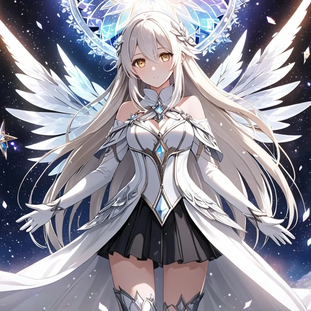 Prompt: anime, girl, detailed, very detailed, a woman in a white clothes, black skirt, stars and galactic in the background, official art, anime, girl, detailed, very detailed, crystal yellow eyes, very long blonde hair, 8k, detailed eyes, Anime illustration of a tall woman, gold light fairy wings, black thigh-highs, bright pupils, space, starfalls , high quality, thin body, anime art, detailed eyes, professional, atmospheric lighting, normal hands, five fingers, aura, adult woman, cold face, sharp eyes, 1girl, glowing eyes, Lumine from genshin impact, dress, textured corset with gold accessories, wearing long black gloves, bare shoulders, pyrokinesis, flame, white long arms shirt with black gloves