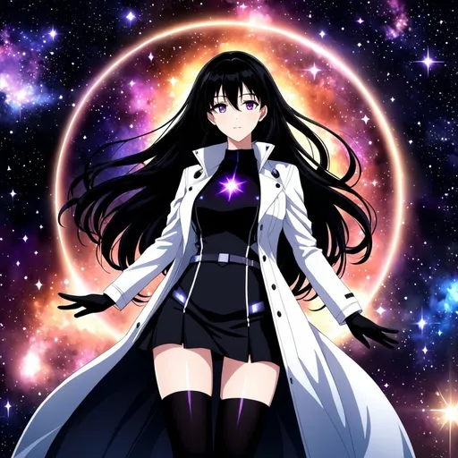 Prompt: Anime illustration of a tall woman with very long black hair, purple eyes, wearing a black shirt, hands behind back, black thigh-highs, and gloves, bright pupils, space, stars , high quality, thin body, anime art, detailed eyes, professional, atmospheric lighting, normal hands, five fingers, goddess, aura, adult woman, black skirt, white coat jacket