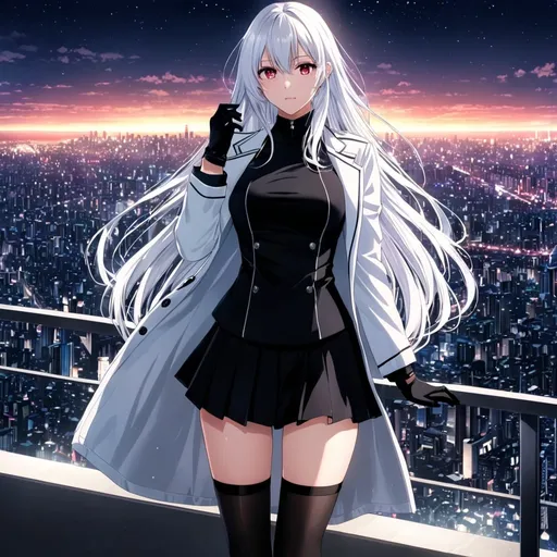 Prompt: Crystal ruby eyes, very long white hair, city background, 8k, detailed eyes, textured clothes, Anime illustration of a tall woman with thin body wearing a black shirt inside white jacket and black skirt, hands behind back, black thigh-highs and black gloves, bright pupils, starfalls , high quality, anime art, detailed eyes, professional, atmospheric lighting, normal hands, five fingers, adult woman, cold face, sharp eyes, 1girl