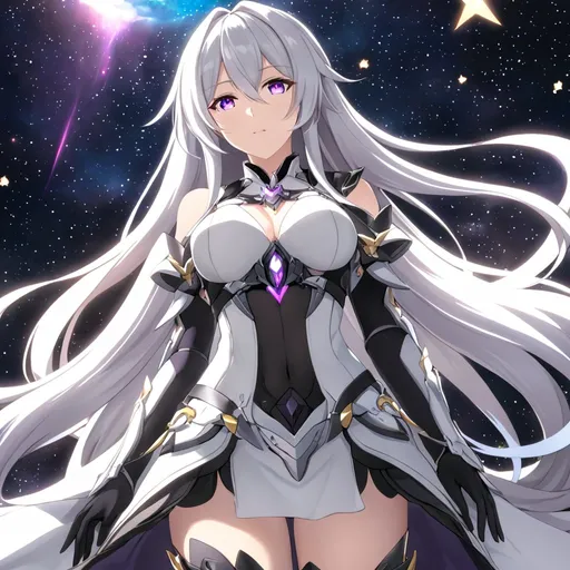 Prompt: Anime illustration of a tall woman with long white hair, purple eyes, wearing a white dress, hands behind back, black thigh-highs, and gloves, bright pupils, space, stars , high quality, thin body, anime art, detailed eyes, professional, atmospheric lighting, normal hands, five fingers, goddess, aura, adult woman, herrscher from honkai impact's outfit