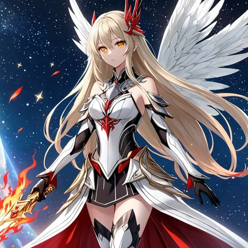 Prompt: anime, girl, detailed, very detailed, a woman in a white clothes, black skirt, stars and galactic in the background, official art, anime, girl, detailed, very detailed, crystal yellow eyes, very long blonde hair, 8k, detailed eyes, Anime illustration of a tall woman,  flame fairy wings, black thigh-highs, bright pupils, space, starfalls , high quality, thin body, anime art, detailed eyes, professional, atmospheric lighting, normal hands, five fingers, aura, adult woman, cold face, sharp eyes, 1girl, glowing eyes, Lumine from genshin impact, dress, textured corset with gold accessories, wearing long black gloves, bare shoulders, pyrokinesis, flame, white long arms shirt with black gloves, a white armor futuristic suit, Very long blonde hair