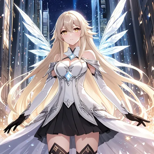 Prompt: anime, girl, detailed, very detailed, a woman in a white clothes, black skirt with a sword on a city street with skyscrapers in the background, official art, anime, girl, detailed, very detailed, crystal yellow eyes, very long blonde hair, 8k, detailed eyes, Anime illustration of a tall woman, gold light fairy wings, black thigh-highs, bright pupils, space, starfalls , high quality, thin body, anime art, detailed eyes, professional, atmospheric lighting, normal hands, five fingers, aura, adult woman, cold face, sharp eyes, 1girl, glowing eyes, Lumine from genshin impact, dress, textured corset with gold accessories, wearing long black gloves, bare shoulders, pyrokinesis, flame, white long arms shirt with black gloves