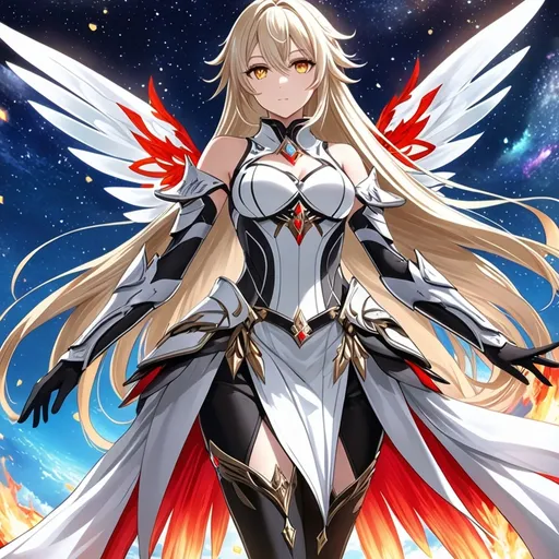 Prompt: anime, girl, detailed, very detailed, a woman in a white clothes, black skirt, stars and galactic in the background, official art, anime, girl, detailed, very detailed, crystal yellow eyes, very long blonde hair, 8k, detailed eyes, Anime illustration of a tall woman,  flame fairy wings, black thigh-highs, bright pupils, space, starfalls , high quality, thin body, anime art, detailed eyes, professional, atmospheric lighting, normal hands, five fingers, aura, adult woman, cold face, sharp eyes, 1girl, glowing eyes, Lumine from genshin impact, dress, textured corset with gold accessories, wearing long black gloves, bare shoulders, pyrokinesis, flame, white long arms shirt with black gloves, a white armor futuristic suit, Very long blonde hair, cape