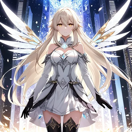 Prompt: anime, girl, detailed, very detailed, a woman in a white clothes, black skirt with a sword on a city street with skyscrapers in the background, official art, anime, girl, detailed, very detailed, crystal yellow eyes, very long blonde hair, 8k, detailed eyes, Anime illustration of a tall woman, gold light fairy wings, black thigh-highs, bright pupils, space, starfalls , high quality, thin body, anime art, detailed eyes, professional, atmospheric lighting, normal hands, five fingers, aura, adult woman, cold face, sharp eyes, 1girl, glowing eyes, Lumine from genshin impact, dress, textured corset with gold accessories, wearing long black gloves, bare shoulders, pyrokinesis, flame, white long arms shirt with black gloves