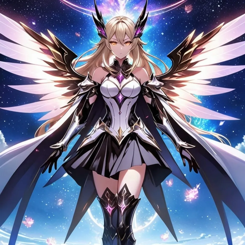 Prompt: anime, girl, detailed, very detailed, a woman in a white clothes, black skirt, stars and galactic in the background, official art, anime, girl, detailed, very detailed, crystal yellow eyes, very long blonde hair, 8k, detailed eyes, Anime illustration of a tall woman,  flame fairy wings, black thigh-highs, bright pupils, space, starfalls , high quality, thin body, anime art, detailed eyes, professional, atmospheric lighting, normal hands, five fingers, aura, adult woman, cold face, sharp eyes, 1girl, glowing eyes, Lumine from genshin impact, dress, textured corset with gold accessories, wearing long black gloves, bare shoulders, pyrokinesis, flame, white long arms shirt with black gloves, a white armor futuristic suit, Very long blonde hair, cape