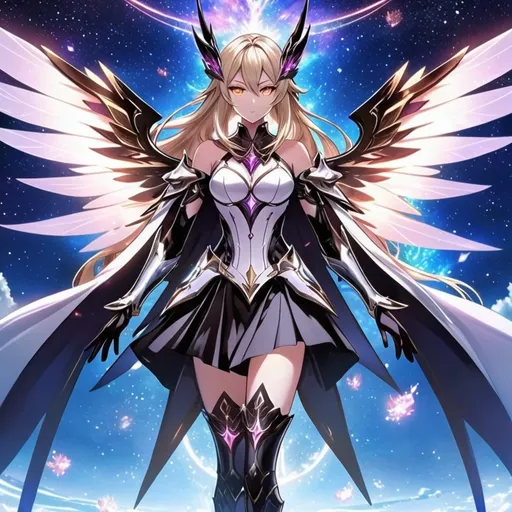 Prompt: anime, girl, detailed, very detailed, a woman in a white clothes, black skirt, stars and galactic in the background, official art, anime, girl, detailed, very detailed, crystal yellow eyes, very long blonde hair, 8k, detailed eyes, Anime illustration of a tall woman,  flame fairy wings, black thigh-highs, bright pupils, space, starfalls , high quality, thin body, anime art, detailed eyes, professional, atmospheric lighting, normal hands, five fingers, aura, adult woman, cold face, sharp eyes, 1girl, glowing eyes, Lumine from genshin impact, dress, textured corset with gold accessories, wearing long black gloves, bare shoulders, pyrokinesis, flame, white long arms shirt with black gloves, a white armor futuristic suit, Very long blonde hair, cape