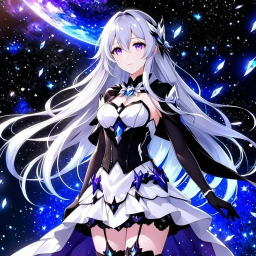 Prompt: Crystal purple eyes, long silver hair, galactic background, 8k, he, detailed eyes, glove holding, textured dress, textured corset with silver accessories, Anime illustration of a tall woman wearing a white dress, hands behind back, black thigh-highs and black gloves, bright pupils, space, starfalls , high quality, thin body, anime art, detailed eyes, professional, atmospheric lighting, normal hands, five fingers, aura, adult woman, cold face, herrscher from honkai impact's outfit, sharp eyes, 1girl, black cape, glowing eyes