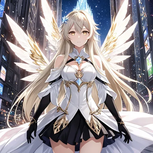 Prompt: anime, girl, detailed, very detailed, a woman in a white clothes, black skirt with a sword on a city street with skyscrapers in the background, official art, anime, girl, detailed, very detailed, crystal yellow eyes, very long blonde hair, 8k, detailed eyes, Anime illustration of a tall woman, gold light fairy wings, black thigh-highs, bright pupils, space, starfalls , high quality, thin body, anime art, detailed eyes, professional, atmospheric lighting, normal hands, five fingers, aura, adult woman, cold face, sharp eyes, 1girl, glowing eyes, Lumine from genshin impact, dress, textured corset with gold accessories, wearing long black gloves, bare shoulders, pyrokinesis, flame, white long arms shirt with black gloves