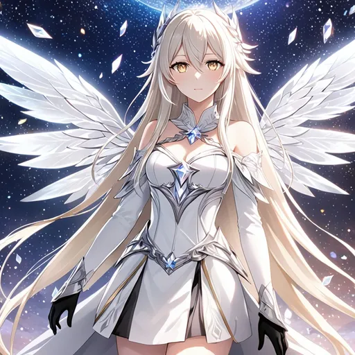 Prompt: anime, girl, detailed, very detailed, a woman in a white clothes, black skirt, stars and galactic in the background, official art, anime, girl, detailed, very detailed, crystal yellow eyes, very long blonde hair, 8k, detailed eyes, Anime illustration of a tall woman, gold light fairy wings, black thigh-highs, bright pupils, space, starfalls , high quality, thin body, anime art, detailed eyes, professional, atmospheric lighting, normal hands, five fingers, aura, adult woman, cold face, sharp eyes, 1girl, glowing eyes, Lumine from genshin impact, dress, textured corset with gold accessories, wearing long black gloves, bare shoulders, pyrokinesis, flame, white long arms shirt with black gloves