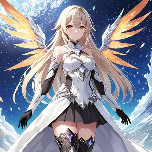 Prompt: anime, girl, detailed, very detailed, a woman in a white clothes, black skirt, stars and galactic in the background, official art, anime, girl, detailed, very detailed, crystal yellow eyes, very long blonde hair, 8k, detailed eyes, Anime illustration of a tall woman,  flame fairy wings, black thigh-highs, bright pupils, space, starfalls , high quality, thin body, anime art, detailed eyes, professional, atmospheric lighting, normal hands, five fingers, aura, adult woman, cold face, sharp eyes, 1girl, glowing eyes, Lumine from genshin impact, dress, textured corset with gold accessories, wearing long black gloves, bare shoulders, pyrokinesis, flame, white long arms shirt with black gloves, a white armor futuristic suit