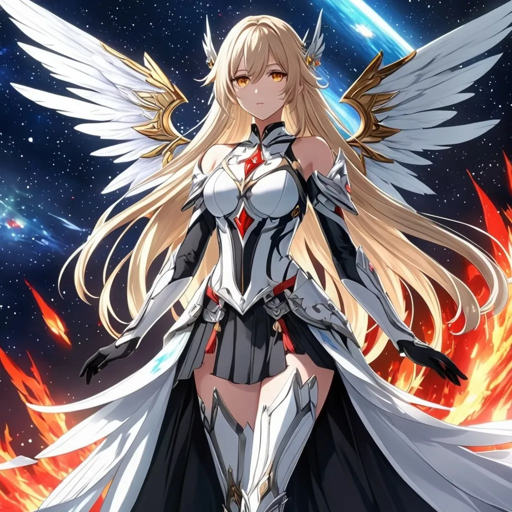 Prompt: anime, girl, detailed, very detailed, a woman in a white clothes, black skirt, stars and galactic in the background, official art, anime, girl, detailed, very detailed, crystal yellow eyes, very long blonde hair, 8k, detailed eyes, Anime illustration of a tall woman,  flame fairy wings, black thigh-highs, bright pupils, space, starfalls , high quality, thin body, anime art, detailed eyes, professional, atmospheric lighting, normal hands, five fingers, aura, adult woman, cold face, sharp eyes, 1girl, glowing eyes, Lumine from genshin impact, dress, textured corset with gold accessories, wearing long black gloves, bare shoulders, pyrokinesis, flame, white long arms shirt with black gloves, a white armor futuristic suit