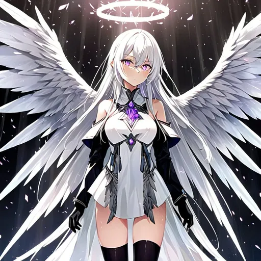 Prompt: 1girl, an anime girl with long white hair, anime art, an anime drawing, sharp eyes, purple eyes, tall woman, high quality, thin body, multiple wings, angel, six wings, hands behind back, head wings, glowing eyes, halo, black thighhighs, bright pupils, white clothes, thunder, black gloves, black jacket