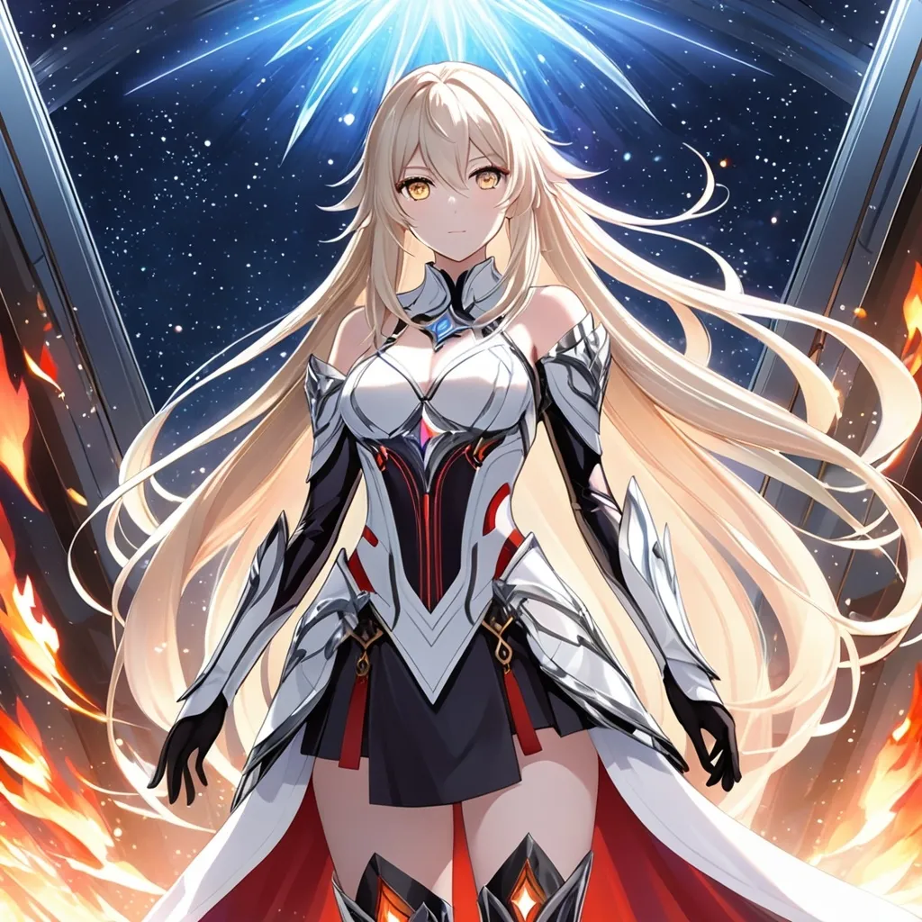 Prompt: anime, girl, detailed, very detailed, a woman in a white clothes, black skirt, stars and galactic in the background, official art, anime, girl, detailed, very detailed, crystal yellow eyes, very long blonde hair, 8k, detailed eyes, Anime illustration of a tall woman,  flame fairy wings, black thigh-highs, bright pupils, space, starfalls , high quality, thin body, anime art, detailed eyes, professional, atmospheric lighting, normal hands, five fingers, aura, adult woman, cold face, sharp eyes, 1girl, glowing eyes, Lumine from genshin impact, dress, textured corset with gold accessories, wearing long black gloves, bare shoulders, pyrokinesis, flame, white long arms shirt with black gloves, a white armor futuristic suit, Very long blonde hair, cape