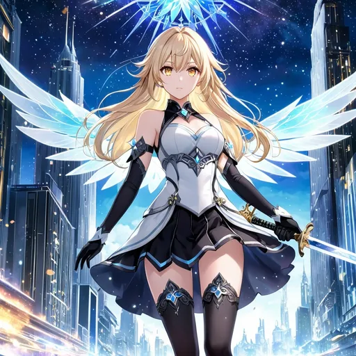 Prompt: anime, girl, detailed, very detailed, a woman in a white shirt inside, black skirt with a sword on a city street with skyscrapers in the background, official art, anime, girl, detailed, very detailed, crystal yellow eyes, very long blonde hair, 8k, detailed eyes, wearing gloves, Anime illustration of a tall woman, light fairy wings, black thigh-highs and black gloves, bright pupils, space, starfalls , high quality, thin body, anime art, detailed eyes, professional, atmospheric lighting, normal hands, five fingers, aura, adult woman, cold face, sharp eyes, 1girl, glowing eyes, Lumine from genshin impact