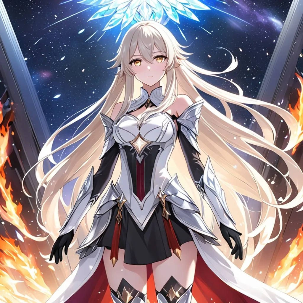 Prompt: anime, girl, detailed, very detailed, a woman in a white clothes, black skirt, stars and galactic in the background, official art, anime, girl, detailed, very detailed, crystal yellow eyes, very long blonde hair, 8k, detailed eyes, Anime illustration of a tall woman,  flame fairy wings, black thigh-highs, bright pupils, space, starfalls , high quality, thin body, anime art, detailed eyes, professional, atmospheric lighting, normal hands, five fingers, aura, adult woman, cold face, sharp eyes, 1girl, glowing eyes, Lumine from genshin impact, dress, textured corset with gold accessories, wearing long black gloves, bare shoulders, pyrokinesis, flame, white long arms shirt with black gloves, a white armor futuristic suit, Very long blonde hair, cape