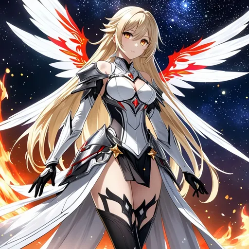 Prompt: anime, girl, detailed, very detailed, a woman in a white clothes, black skirt, stars and galactic in the background, official art, anime, girl, detailed, very detailed, crystal yellow eyes, very long blonde hair, 8k, detailed eyes, Anime illustration of a tall woman,  flame fairy wings, black thigh-highs, bright pupils, space, starfalls , high quality, thin body, anime art, detailed eyes, professional, atmospheric lighting, normal hands, five fingers, aura, adult woman, cold face, sharp eyes, 1girl, glowing eyes, Lumine from genshin impact, dress, textured corset with gold accessories, wearing long black gloves, bare shoulders, pyrokinesis, flame, white long arms shirt with black gloves, a white armor futuristic suit, Very long blonde hair, cape