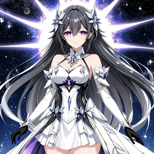 Prompt: Crystal purple eyes, very black silver hair, galactic background, 8k, he, detailed eyes, glove holding, textured dress, textured corset with silver accessories, Anime illustration of a tall woman wearing a white dress, hands behind back, black thigh-highs and black gloves, bright pupils, space, starfalls , high quality, thin body, anime art, detailed eyes, professional, atmospheric lighting, normal hands, five fingers, aura, adult woman, cold face, herrscher from honkai impact's outfit, sharp eyes, 1girl, glowing eyes, sun, a god that had the power to override and rewrite every rule as desired.