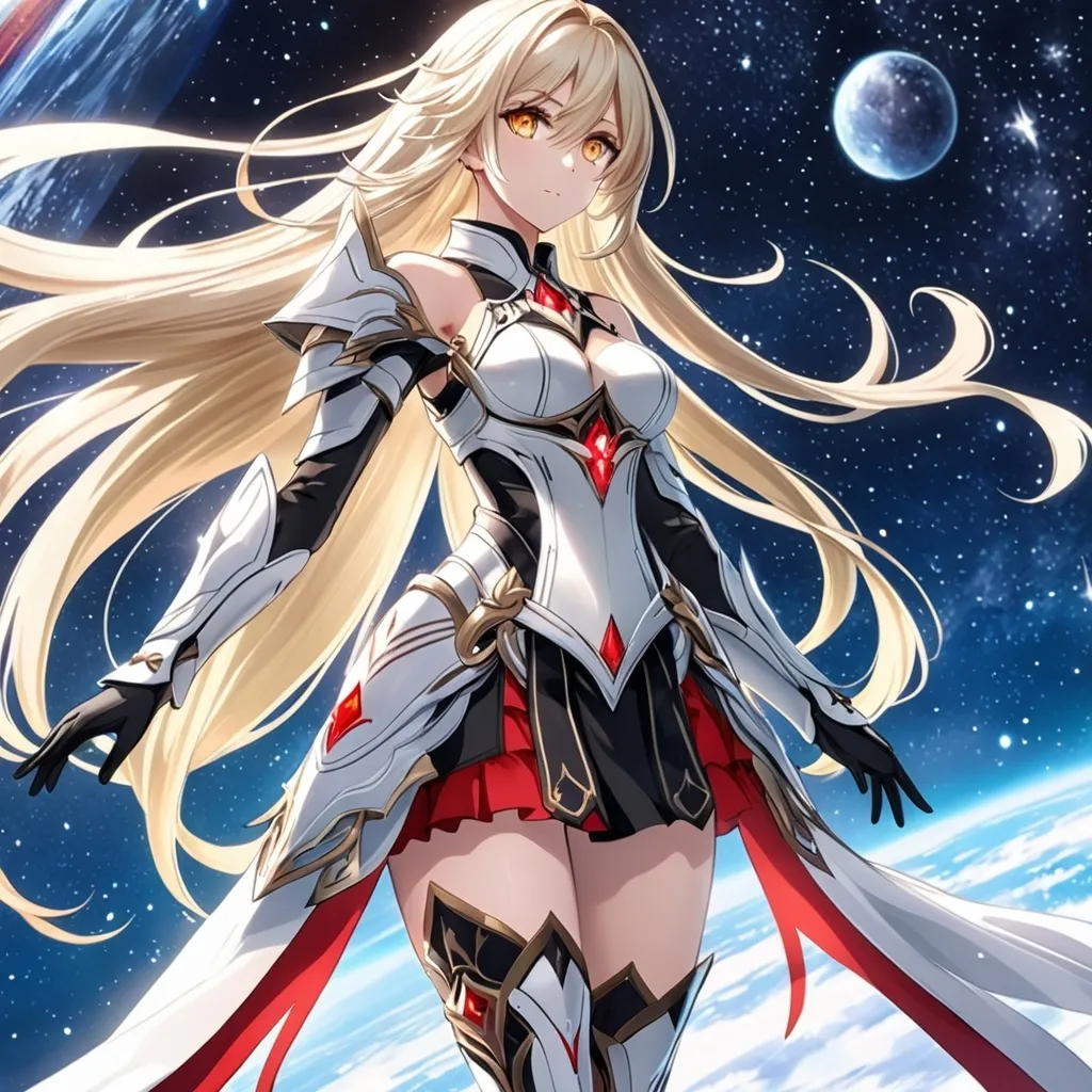 Prompt: anime, girl, detailed, very detailed, a woman in a white clothes, black skirt, stars and galactic in the background, official art, anime, girl, detailed, very detailed, crystal yellow eyes, very long blonde hair, 8k, detailed eyes, Anime illustration of a tall woman, black thigh-highs, bright pupils, space, starfalls , high quality, thin body, anime art, detailed eyes, professional, atmospheric lighting, normal hands, five fingers, aura, adult woman, cold face, sharp eyes, 1girl, glowing eyes, Lumine from genshin impact, dress, textured corset with gold accessories, wearing long black gloves, pyrokinesis, flame, white long arms shirt with black gloves, a white armor futuristic suit with bare shoulders, Very long blonde hair