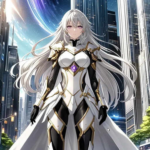 Prompt: anime, girl, detailed, very detailed, a woman in a white armor futuristic suit with a sword on a city street with skyscrapers in the background, official art, anime, girl, detailed, very detailed, crystal purple eyes, very long silver hair, 8k, he, detailed eyes, glove holding, Anime illustration of a tall woman, hands behind back, black thigh-highs and black gloves, bright pupils, space, starfalls , high quality, thin body, anime art, detailed eyes, professional, atmospheric lighting, normal hands, five fingers, aura, adult woman, cold face, sharp eyes, 1girl, glowing eyes