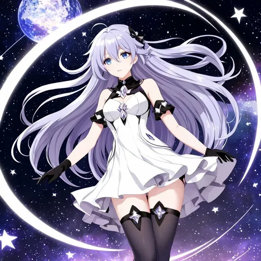 Prompt: Anime illustration of a tall woman with long blue hair, blue eyes, wearing a white dress, hands behind back, black thigh-highs, and gloves, bright pupils, space, stars , high quality, thin body, anime art, detailed eyes, professional, atmospheric lighting, normal hands, five fingers, goddess, adult woman, herrscher from honkai impact's outfit