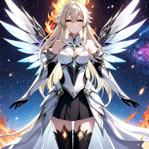 Prompt: anime, girl, detailed, very detailed, a woman in a white clothes, black skirt, stars and galactic in the background, official art, anime, girl, detailed, very detailed, crystal yellow eyes, very long blonde hair, 8k, detailed eyes, Anime illustration of a tall woman,  flame fairy wings, black thigh-highs, bright pupils, space, starfalls , high quality, thin body, anime art, detailed eyes, professional, atmospheric lighting, normal hands, five fingers, aura, adult woman, cold face, sharp eyes, 1girl, glowing eyes, Lumine from genshin impact, dress, textured corset with gold accessories, wearing long black gloves, bare shoulders, pyrokinesis, flame, white long arms shirt with black gloves, a white armor futuristic suit