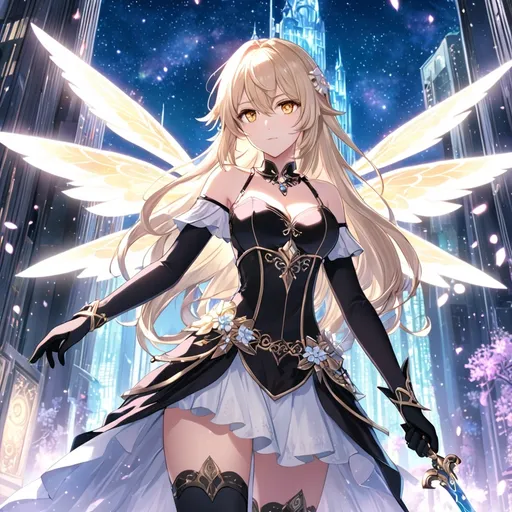 Prompt: anime, girl, detailed, very detailed, a woman in a black clothes, black skirt with a sword on a city street with skyscrapers in the background, official art, anime, girl, detailed, very detailed, crystal yellow eyes, very long blonde hair, 8k, detailed eyes, Anime illustration of a tall woman, gold light fairy wings, black thigh-highs, bright pupils, space, starfalls , high quality, thin body, anime art, detailed eyes, professional, atmospheric lighting, normal hands, five fingers, aura, adult woman, cold face, sharp eyes, 1girl, glowing eyes, Lumine from genshin impact, dress, textured corset with gold accessories, wearing long black gloves, bare shoulders