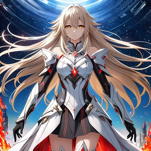 Prompt: anime, girl, detailed, very detailed, a woman in a white clothes, black skirt, stars and galactic in the background, official art, anime, girl, detailed, very detailed, crystal yellow eyes, very long blonde hair, 8k, detailed eyes, Anime illustration of a tall woman, fire aura, black thigh-highs, bright pupils, space, starfalls , high quality, thin body, anime art, detailed eyes, professional, atmospheric lighting, normal hands, five fingers, aura, adult woman, cold face, sharp eyes, 1girl, glowing eyes, Lumine from genshin impact, dress, textured corset with gold accessories, wearing long black gloves, bare shoulders, pyrokinesis, flame, white long arms shirt with black gloves, a white armor futuristic suit, Very long blonde hair