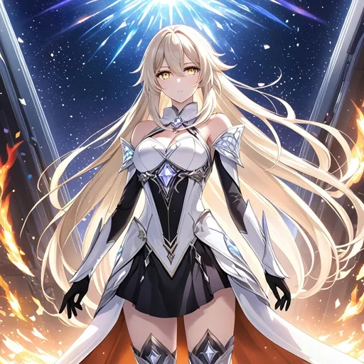 Prompt: anime, girl, detailed, very detailed, a woman in a white clothes, black skirt, stars and galactic in the background, official art, anime, girl, detailed, very detailed, crystal yellow eyes, very long blonde hair, 8k, detailed eyes, Anime illustration of a tall woman,  flame fairy wings, black thigh-highs, bright pupils, space, starfalls , high quality, thin body, anime art, detailed eyes, professional, atmospheric lighting, normal hands, five fingers, aura, adult woman, cold face, sharp eyes, 1girl, glowing eyes, Lumine from genshin impact, dress, textured corset with gold accessories, wearing long black gloves, bare shoulders, pyrokinesis, flame, white long arms shirt with black gloves, a white armor futuristic suit, Very long blonde hair