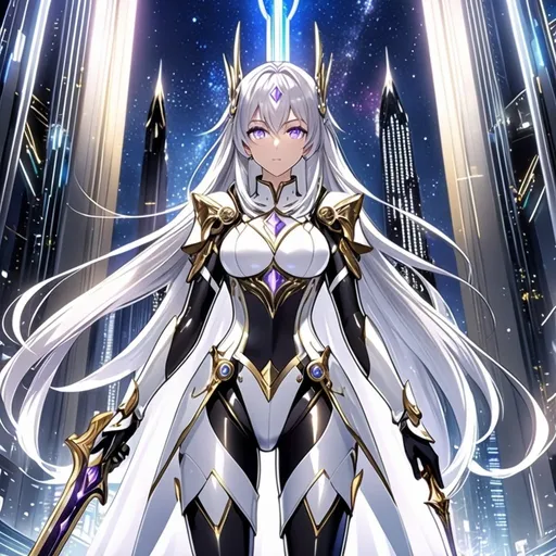 Prompt: anime, girl, detailed, very detailed, a woman in a white armor futuristic suit with a sword on a city street with skyscrapers in the background, official art, anime, girl, detailed, very detailed, crystal purple eyes, very long silver hair, 8k, he, detailed eyes, glove holding, Anime illustration of a tall woman, hands behind back, black thigh-highs and black gloves, bright pupils, space, starfalls , high quality, thin body, anime art, detailed eyes, professional, atmospheric lighting, normal hands, five fingers, aura, adult woman, cold face, sharp eyes, 1girl, glowing eyes,textured corset with gold accessories