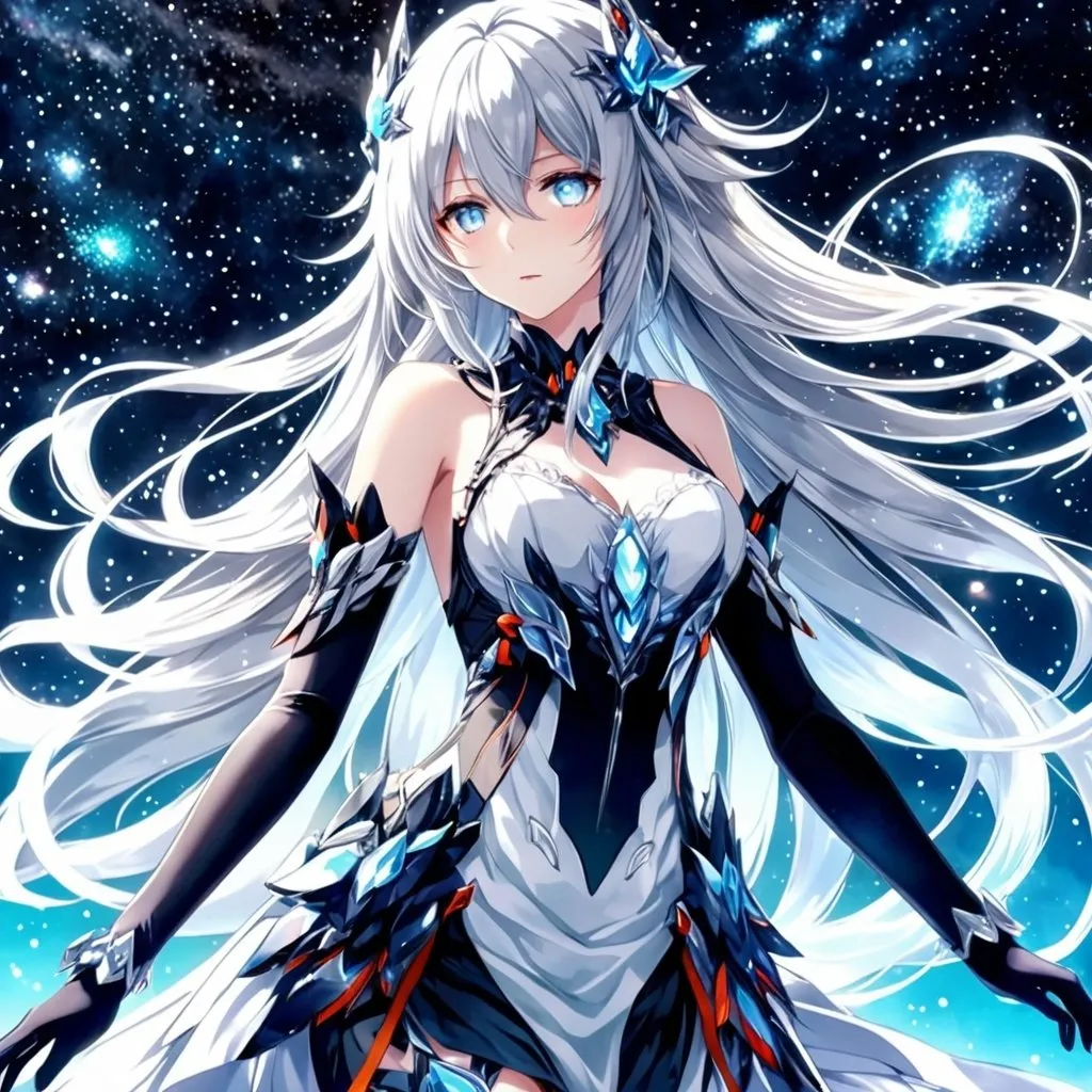 Prompt: Crystal grey eyes, very long white hair, galactic background, 8k, he, detailed eyes, glove holding, textured dress, textured corset with silver accessories, Anime illustration of a tall woman wearing a white dress, hands behind back, black thigh-highs and black gloves, bright pupils, space, starfalls , high quality, thin body, anime art, detailed eyes, professional, atmospheric lighting, normal hands, five fingers, aura, adult woman, cold face, herrscher from honkai impact's outfit, sharp eyes, 1girl, glowing eyes, sun