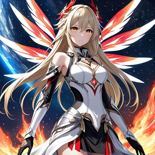 Prompt: anime, girl, detailed, very detailed, a woman in a white clothes, black short skirt, stars and galactic in the background, official art, anime, girl, detailed, very detailed, crystal yellow eyes, very long blonde hair, 8k, detailed eyes, Anime illustration of a tall woman,  flame fairy wings, black thigh-highs, bright pupils, space, starfalls , high quality, thin body, anime art, detailed eyes, professional, atmospheric lighting, normal hands, five fingers, aura, adult woman, cold face, sharp eyes, 1girl, glowing eyes, Lumine from genshin impact, dress, textured corset with gold accessories, wearing long black gloves, bare shoulders, pyrokinesis, flame, white long arms shirt with black gloves, a white armor futuristic suit