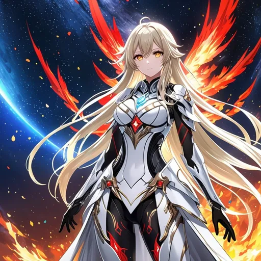 Prompt: anime, girl, detailed, very detailed, a woman in a white clothes, black skirt, stars and galactic in the background, official art, anime, girl, detailed, very detailed, crystal yellow eyes, very long blonde hair, 8k, detailed eyes, Anime illustration of a tall woman, fire aura, black thigh-highs, bright pupils, space, starfalls , high quality, thin body, anime art, detailed eyes, professional, atmospheric lighting, normal hands, five fingers, aura, adult woman, cold face, sharp eyes, 1girl, glowing eyes, Lumine from genshin impact, dress, textured corset with gold accessories, wearing long black gloves, bare shoulders, pyrokinesis, flame, white long arms shirt with black gloves, a white armor futuristic suit, Very long blonde hair