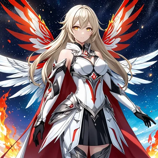 Prompt: anime, girl, detailed, very detailed, a woman in a white clothes, black skirt, stars and galactic in the background, official art, anime, girl, detailed, very detailed, crystal yellow eyes, very long blonde hair, 8k, detailed eyes, Anime illustration of a tall woman,  flame fairy wings, black thigh-highs, bright pupils, space, starfalls , high quality, thin body, anime art, detailed eyes, professional, atmospheric lighting, normal hands, five fingers, aura, adult woman, cold face, sharp eyes, 1girl, glowing eyes, Lumine from genshin impact, dress, textured corset with gold accessories, wearing long black gloves, bare shoulders, pyrokinesis, flame, white long arms shirt with black gloves, a white armor futuristic suit