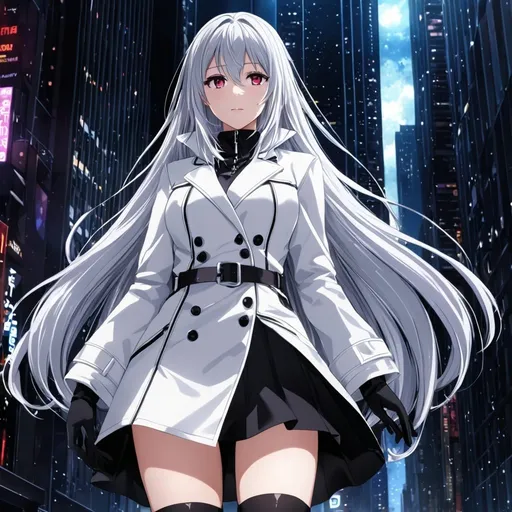 Prompt: Crystal ruby eyes, very long silver hair, city background, 8k, detailed eyes, textured clothes, Anime illustration of a tall woman wearing a black shirt inside white jacket and black skirt, hands behind back, black thigh-highs and black gloves, bright pupils, starfalls , high quality, thin body, anime art, detailed eyes, professional, atmospheric lighting, normal hands, five fingers, adult woman, cold face, sharp eyes, 1girl, Hilde from Counterside